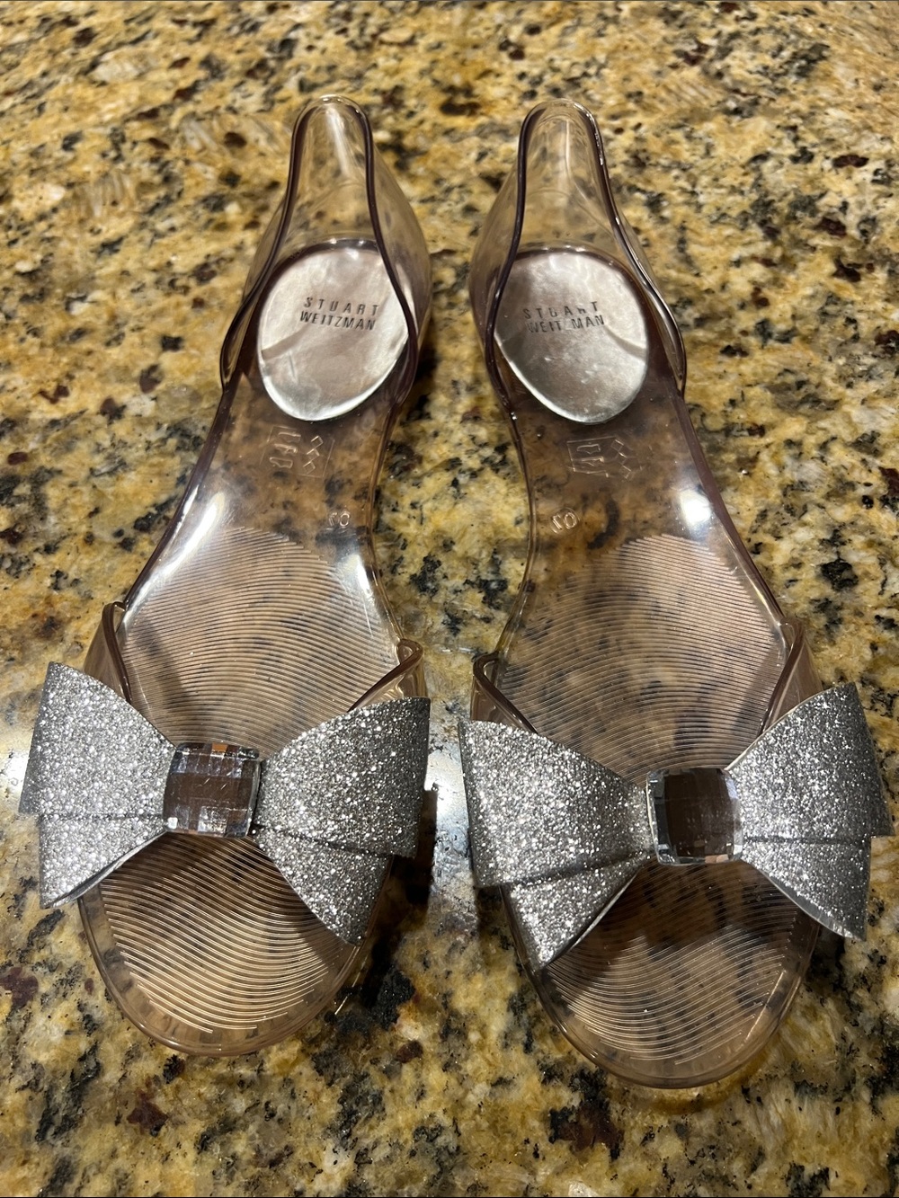 Stuart Weitzman Clear Jelly Sandals with Silver Glitter Bow